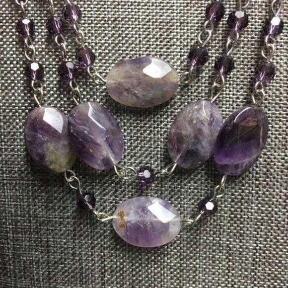 Purple Triple Statement Necklace Faceted Marbled Silver Chain Retro BoHo - Picture 2 of 8